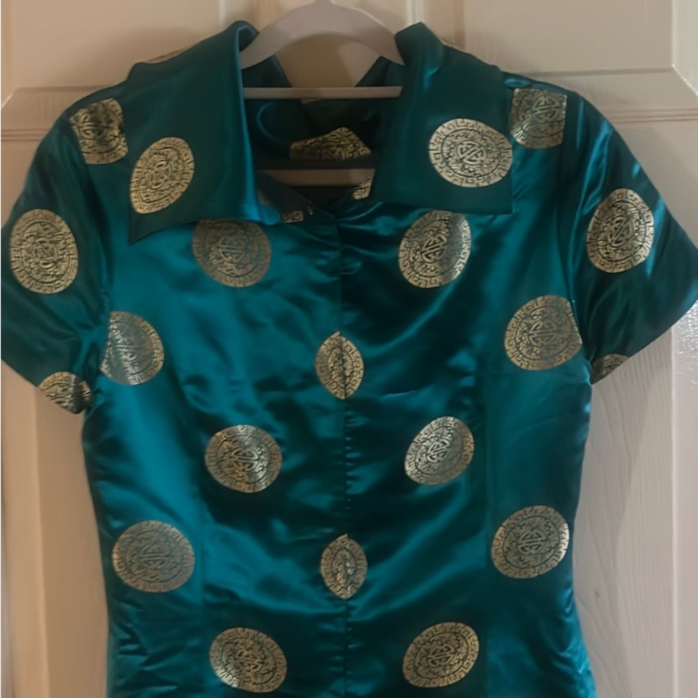 Star of Siam Thailand silk Teal long dress  Gold Pattern highs slit vintage sz m